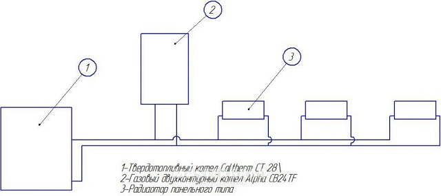 Схема подключения газового и твердотопливного котлов в одну систему 7